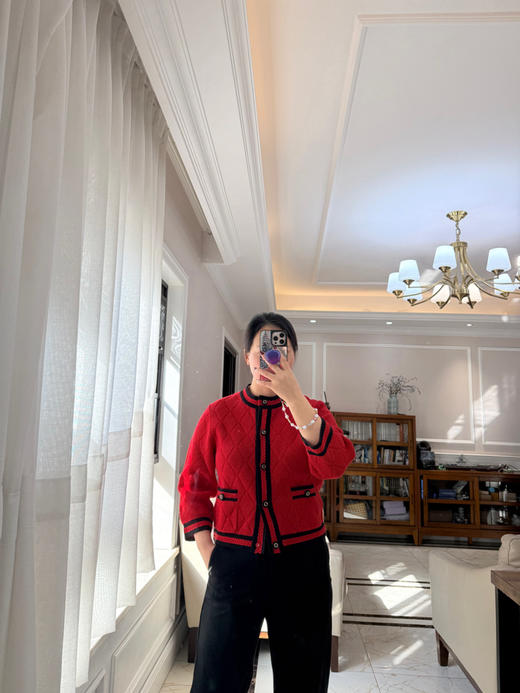 极限特惠24H 独家圆正 二舅 富家千金 红色九分袖 针织开衫 我穿XL合身修身 商品图9