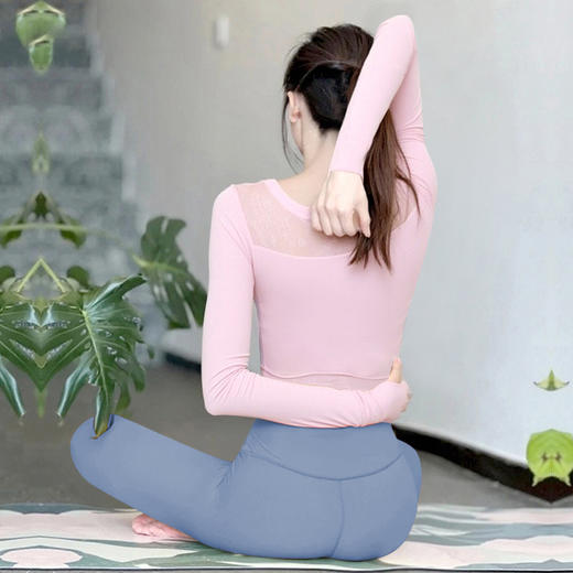 跃牌【海听系列】运动长袖提花拼纱上衣女透气一体杯瑜伽服显瘦修身健身服XC42 商品图1
