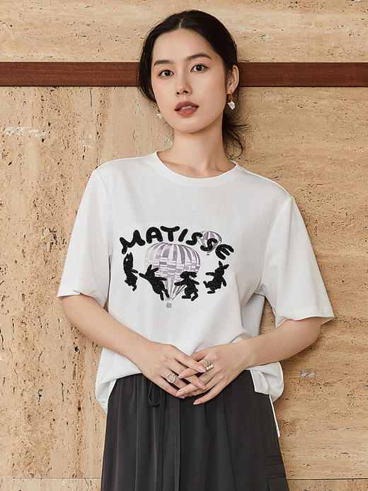 白色 MATISSE 兔子热气球印花短袖 T 恤女 2026 夏季新款宽松显瘦圆领百搭上衣 商品图0