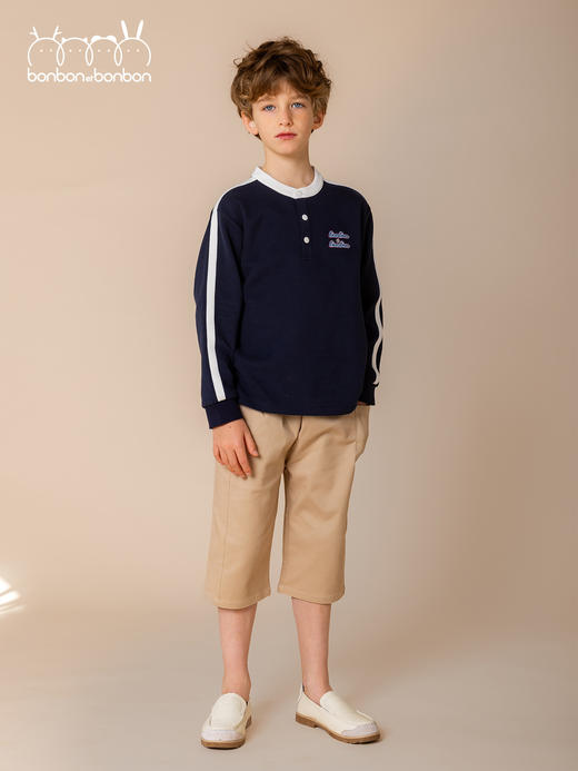 磨毛藏青拼色亨利领针织上衣 商品图0