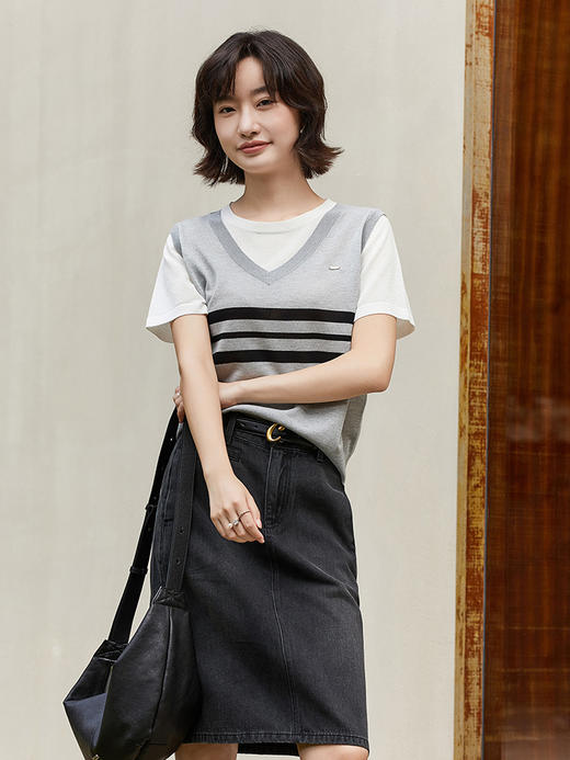 学院风假两件条纹针织衫 背心拼接短袖设计 复古减龄显瘦上衣 商品图1