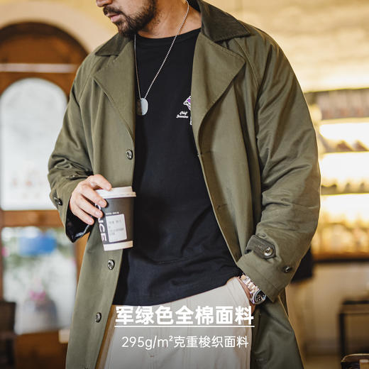 马登工装美式复古战壕风衣军绿色中长款翻领纯棉大衣外套男款春 商品图3