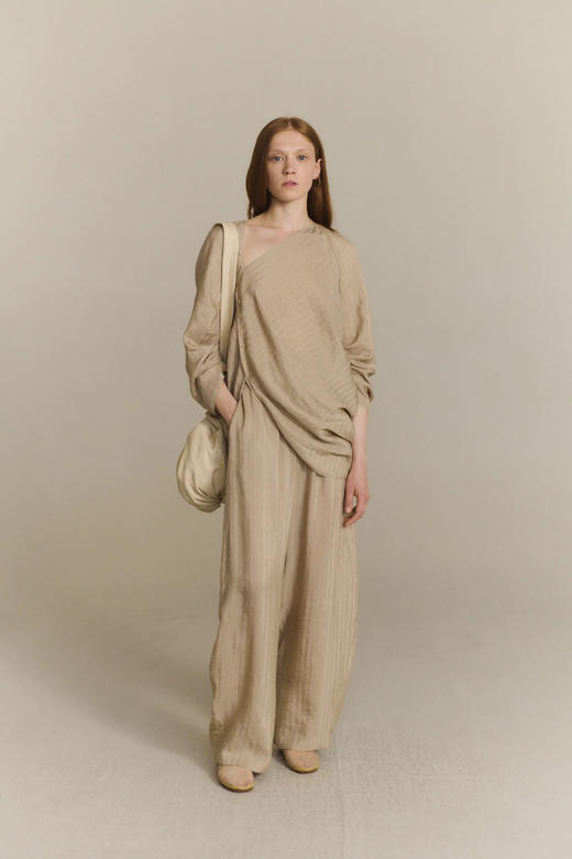 Cortana 26PS 米色亚麻提花条纹eloise阔腿裤 商品图4