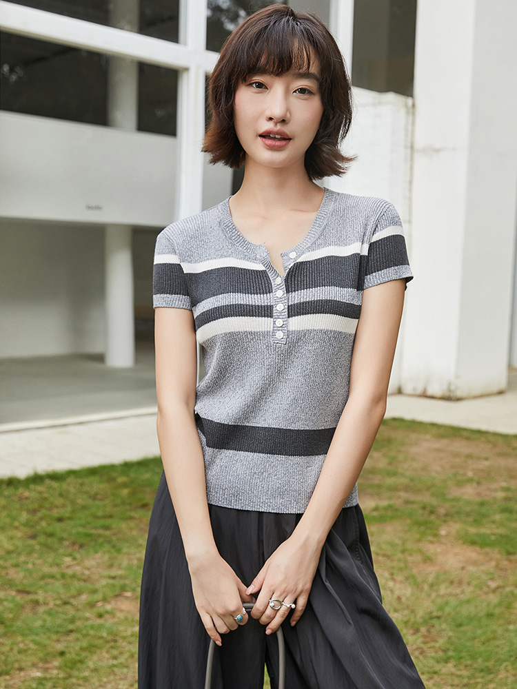 复古美式条纹针织短袖 亨利领半开扣设计 修身显瘦撞色上衣