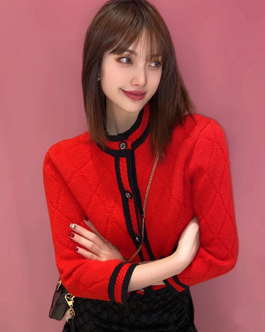 极限特惠24H 独家圆正 二舅 富家千金 红色九分袖 针织开衫 我穿XL合身修身 商品图0