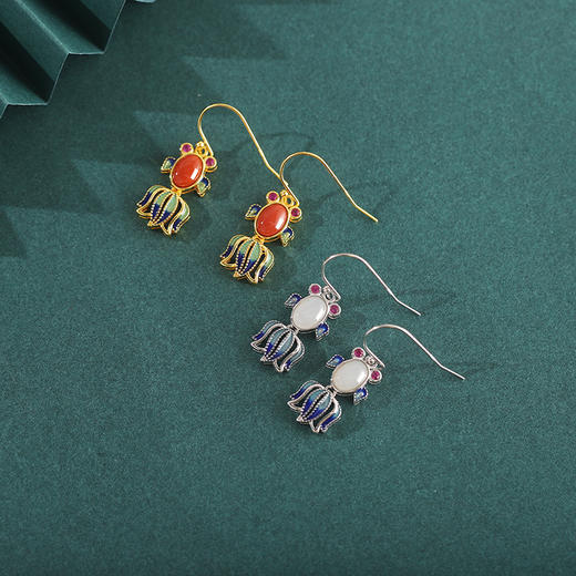 S925纯银和田玉珐琅个性可爱小鱼气质耳饰 ES577 商品图1