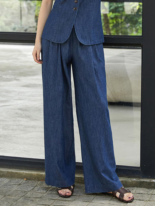 韩系慵懒风深蓝色牛仔阔腿裤女 高腰压褶垂感显瘦直筒休闲裤 小个子复古百搭九分裤 商品图0