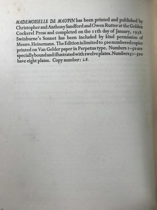 金鸡出版社限量500册！1938年 戈蒂埃《莫班小姐》 约翰·巴克兰·莱特8幅版画插图 皮脊精装16开 商品图3