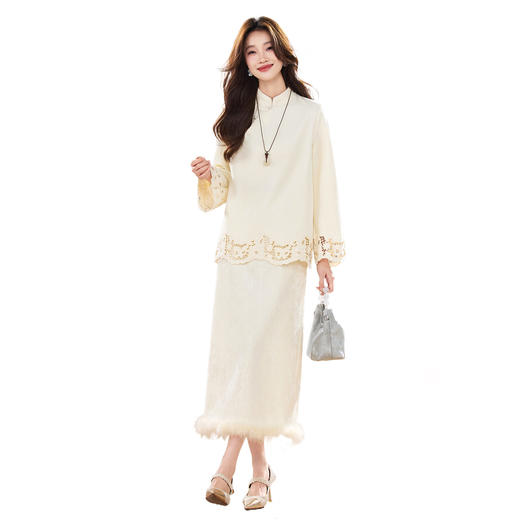 新款加厚丝绒小立领新中式镂空花真毛洋气显瘦气质两件套裙YBER630 商品图4