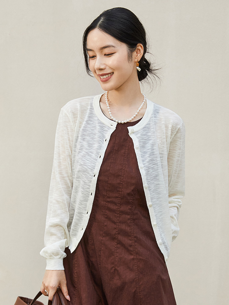 白色薄款圆领针织开衫女 2026 春夏新款防晒罩衫 显瘦百搭长袖外搭