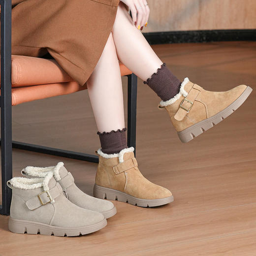 丁摩 磨砂皮雪地靴女防滑棉鞋冬季新款加绒靴一脚蹬套脚加厚棉鞋5ZF-956 商品图1