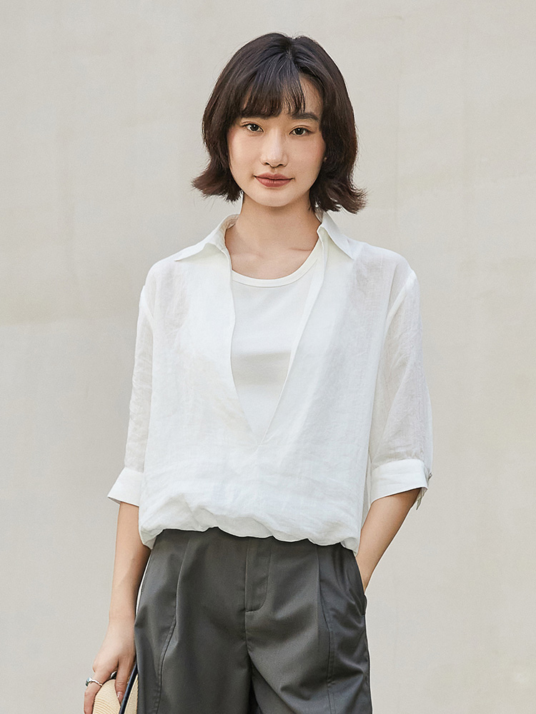 法式慵懒风白色假两件天丝衬衫套装女 内搭吊带 + V 领翻领宽松防晒衫 小个子度假风两件套上衣