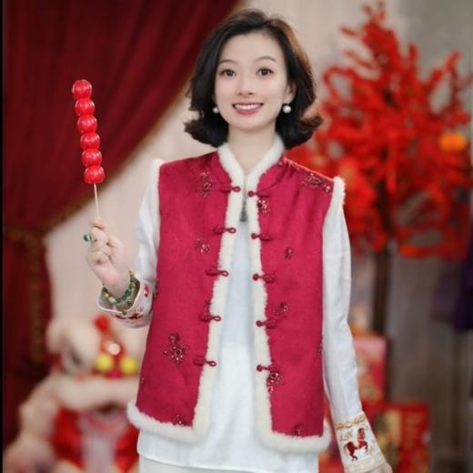 西子/羊毛天丝提花宝相牡丹拼水貂新中式马甲/MJHJ0498 商品图1