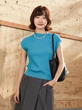 湖蓝色坑条针织无袖 T 恤女 2026 新款 圆领宽松显瘦小飞袖冰丝上衣 小个子百搭