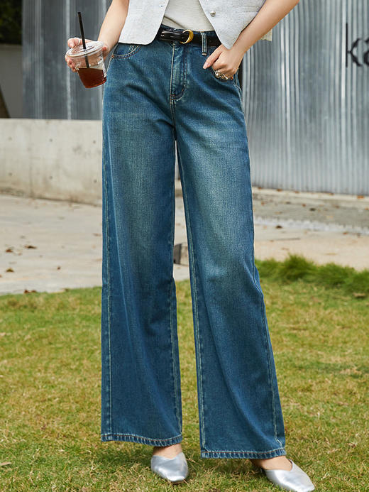 法式慵懒风复古做旧蓝高腰阔腿牛仔裤 垂感直筒 夏季宽松显瘦拖地长裤 商品图0