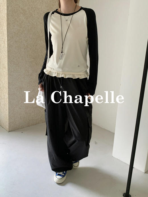 专柜实拍【减龄灵动tee恤】拉夏贝尔/La Chapelle撞色插肩袖荷叶边T恤柔软舒适长袖打底上衣 商品图6