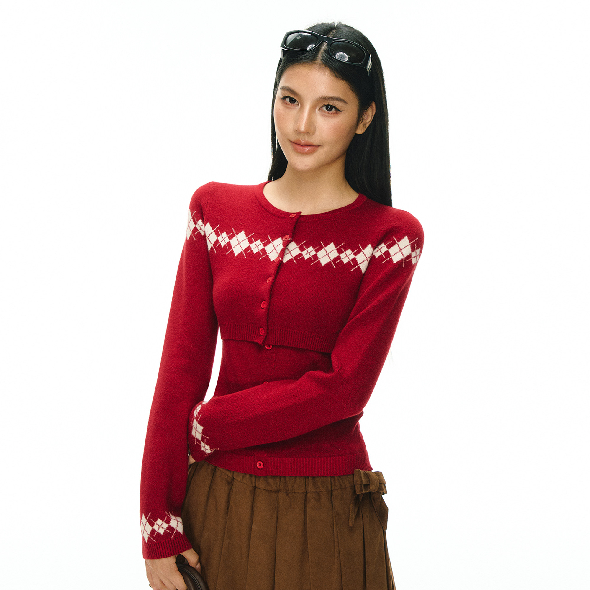 Ariseism 美式复古设计感两件套菱格开衫毛衣女秋冬新款修身上衣