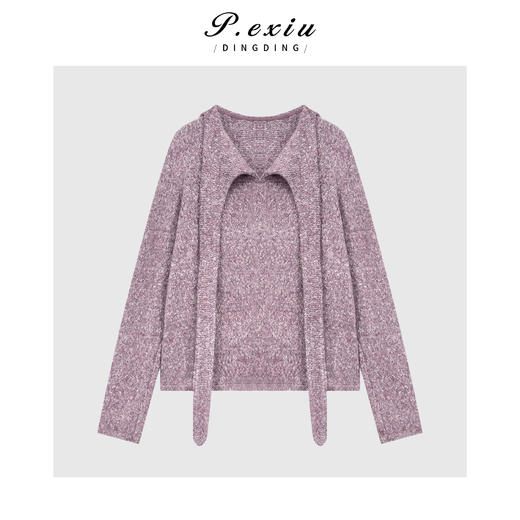 04-4潘依绣丁丁宠粉羊毛复古花纱慵懒系带围巾翻领针织上衣W-63685 商品图1