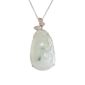 【天然正品】A货翡翠AU750白金镶钻镶天然冰种飘花如意造型翡翠（吉祥、平安）吊坠项链41.3*19.6*5.9MM（皆取最大值）281225NJS22