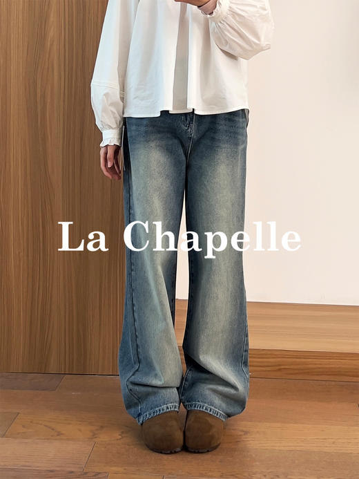 专柜实拍【美式高阶感】拉夏贝尔/La Chapelle复古水洗磨白牛仔裤高腰遮胯显瘦直筒阔腿裤 商品图0