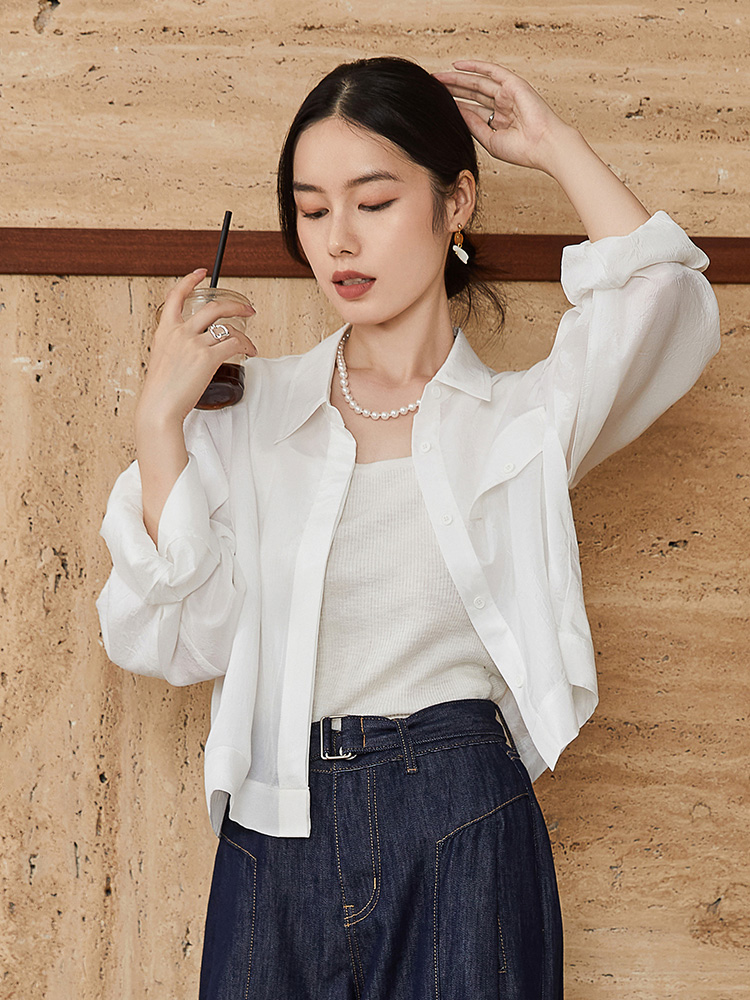 法式慵懒风短款白衬衫女 天丝薄款防晒开衫 小个子松弛感通勤百搭长袖衬衣