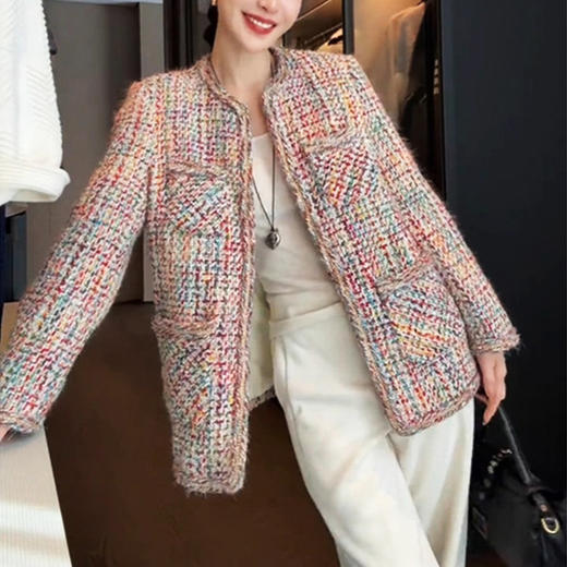 丁摩 大码小香风外套女胖mm中长款彩虹编织时髦粗花呢子大衣200斤春5ZF-005 商品图0