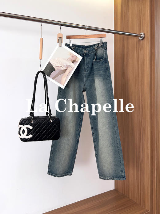 专柜实拍【美式高阶感】拉夏贝尔/La Chapelle复古水洗磨白牛仔裤高腰遮胯显瘦直筒阔腿裤 商品图1