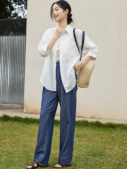 式慵懒风白色条纹天丝衬衫女 翻领中袖刺绣口袋宽松防晒衫 小个子通勤百搭上衣 商品图1