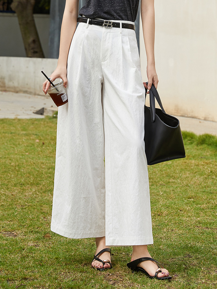白色高腰阔腿休闲裤女 2026 新款 压褶垂感显瘦 A 字九分裤 小个子百搭
