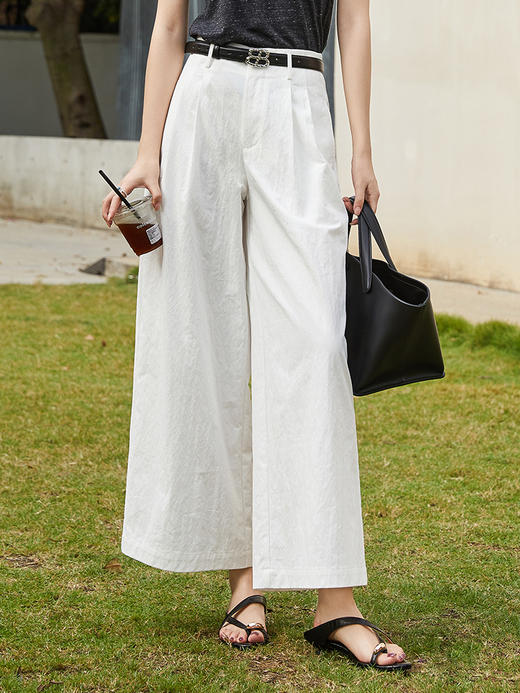 白色高腰阔腿休闲裤女 2026 新款 压褶垂感显瘦 A 字九分裤 小个子百搭 商品图0