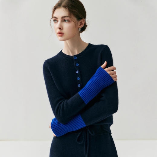 丁摩 法式撞色女山羊绒针织开衫显瘦圆领袖口拼色小香风毛衣外套5ZF-25158 商品图1