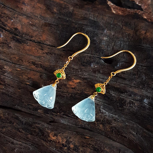 【天然正品】A货翡翠AU750黄金镶天然冰种莲蓬造型翡翠（好运、多子多福）耳环31.7*8.9*5.2MM（皆取最大值）281225NJS30特价：1080 商品图5