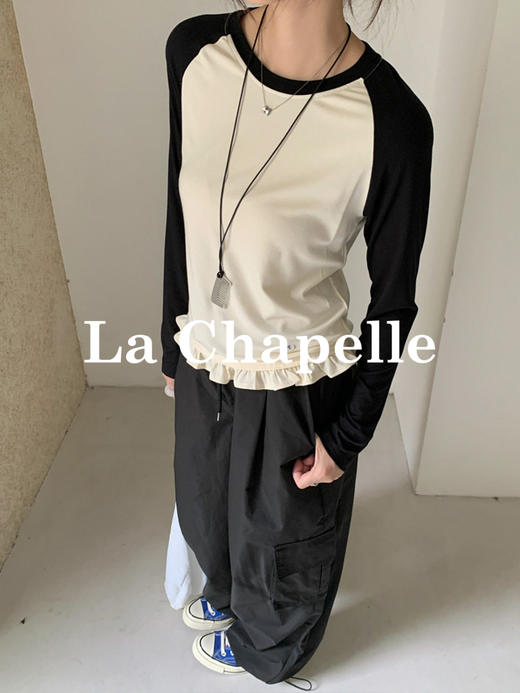专柜实拍【减龄灵动tee恤】拉夏贝尔/La Chapelle撞色插肩袖荷叶边T恤柔软舒适长袖打底上衣 商品图8