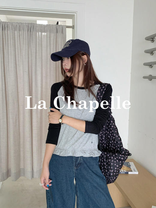 专柜实拍【减龄灵动tee恤】拉夏贝尔/La Chapelle撞色插肩袖荷叶边T恤柔软舒适长袖打底上衣 商品图11