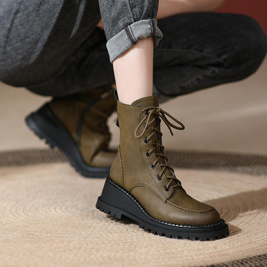 【预售5天】瘦马丁靴女真皮厚底坡跟系带短靴复古风小个子机车靴HBP&1881 商品图0