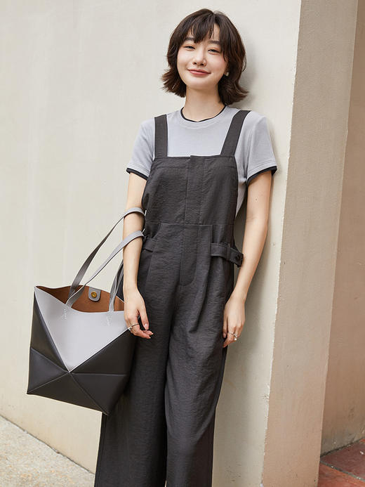 松弛感拉满！深棕色收腰系带阔腿背带裤 夏季宽松显瘦垂感休闲连体裤 商品图0