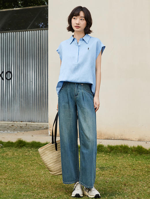 松弛感拉满！米白色爱心刺绣翻领半开襟小飞袖衬衫 夏季通勤百搭显瘦无袖上衣 商品图3