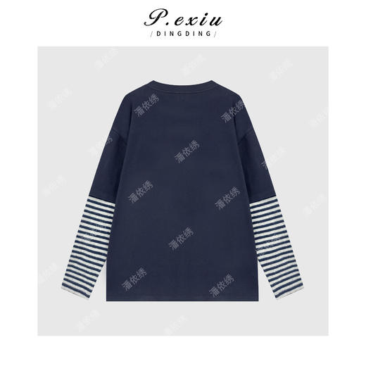 PanYiXiu/潘依绣人丝复古印花拼接假两件条纹双面磨绒圆领长袖上衣W-63553 商品图3