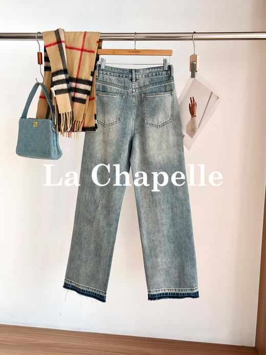 专柜实拍【细腿/复古毛边】拉夏贝尔/La Chapelle高腰遮胯显瘦直筒裤复古水洗浅蓝牛仔裤 商品图1
