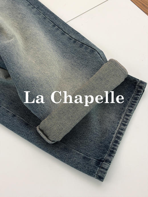 专柜实拍【美式高阶感】拉夏贝尔/La Chapelle复古水洗磨白牛仔裤高腰遮胯显瘦直筒阔腿裤 商品图7