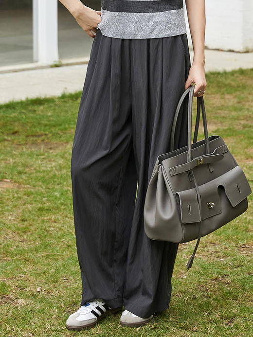 葡萄紫褶皱阔腿裤女 松紧腰垂坠感休闲裤 慵懒风显瘦遮肉拖地裤 商品图1