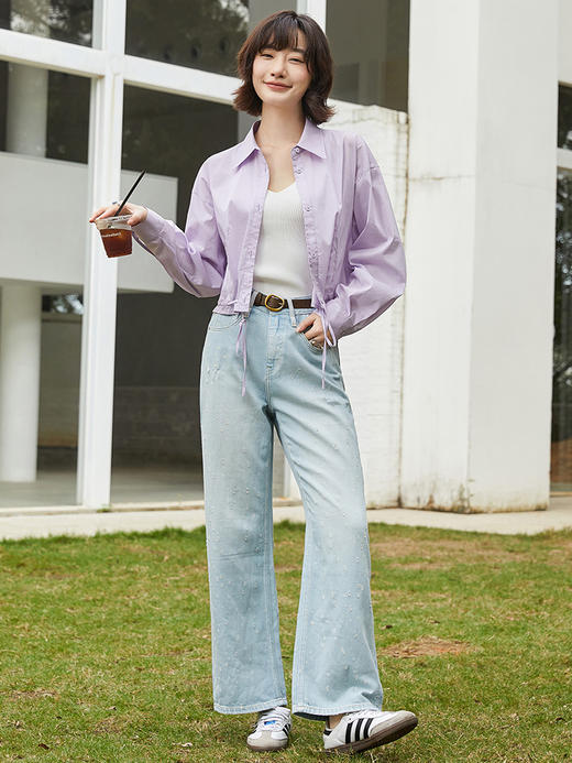 韩系温柔浅紫短款衬衫 抽绳收腰设计感小众 显瘦显高长袖上衣 商品图1