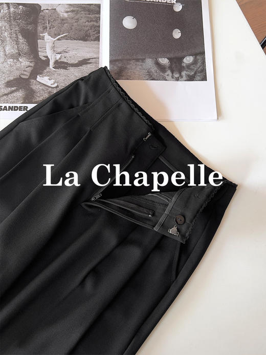 专柜实拍【垂坠有型】拉夏贝尔/La Chapelle含绵羊毛质感西裤~暗扣花边高腰压褶显瘦休闲直筒裤 商品图6