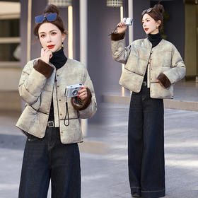 丁摩 新中式提花羽绒服女冬季款毛绒拼接90白鸭绒短款外套5ZF-1031