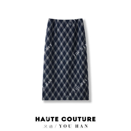 丁摩 秋冬新款格子毛呢半身裙经典显瘦菱形格中长裙复古气质5ZF-1125 商品图2