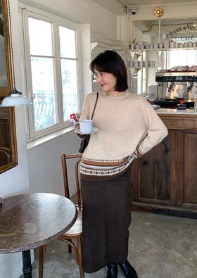 山羊绒+牦牛绒费尔岛提花圆领毛衣