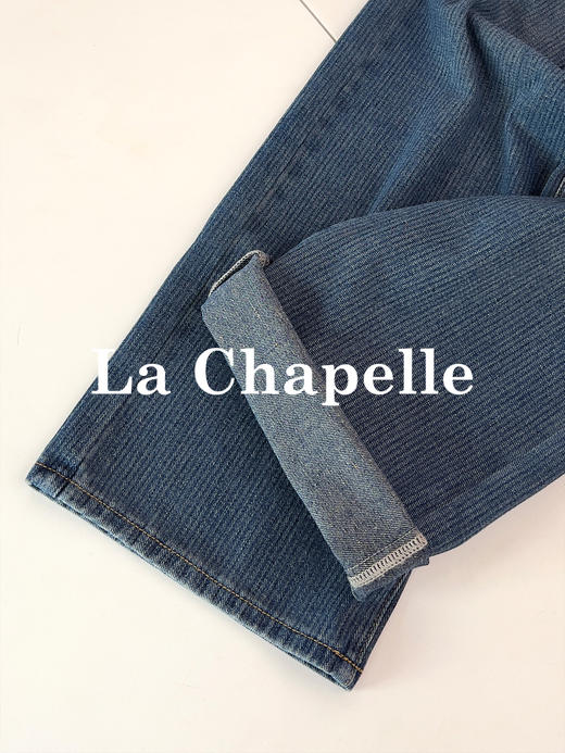 专柜实拍【竖纹/四面弹】拉夏贝尔/La Chapelle高腰显瘦牛仔裤女2026新款窄版直筒阔腿长裤 商品图7
