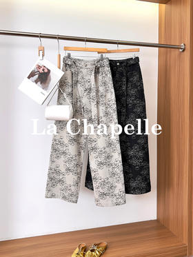 专柜实拍【复古印花/高克重】拉夏贝尔/La Chapelle质感有型！高腰宽松垂感牛仔裤显瘦显高拖地裤★