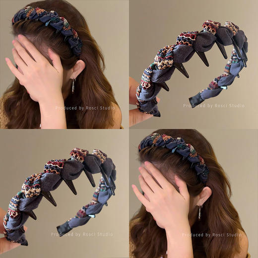 丁摩 复古拼色布艺缠绕带齿防滑发箍女高颅顶头箍发卡发饰5ZF-022 商品图0