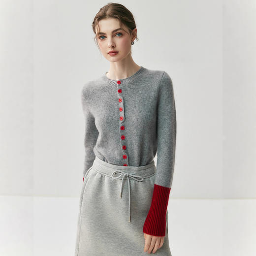 丁摩 法式撞色女山羊绒针织开衫显瘦圆领袖口拼色小香风毛衣外套5ZF-25158 商品图3